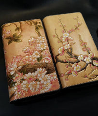 Brown Leather Women Cherry Blossom Tree Biker Wallet Handmade Tooled Zipper Long Wallets For Men - iwalletsmen