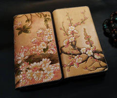 Brown Leather Women Cherry Blossom Tree Biker Wallet Handmade Tooled Zipper Long Wallets For Men - iwalletsmen