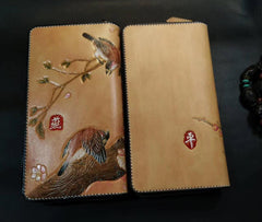 Brown Leather Women Cherry Blossom Tree Biker Wallet Handmade Tooled Zipper Long Wallets For Men - iwalletsmen