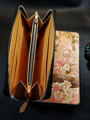 Brown Leather Women Cherry Blossom Tree Biker Wallet Handmade Tooled Zipper Long Wallets For Men - iwalletsmen