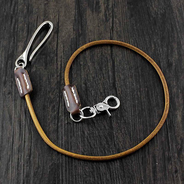 16'' Handmade Badass Tan Leather Long Wallet Chain Cool Punk Rock Biker Wallet Chain Trucker Wallet Key Chain for Men - iwalletsmen