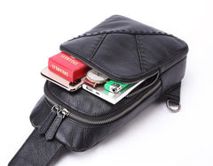 Black Leather Men's 8-inch One shoulder Backpack Sling Bag Black Chest Bag Sports Bag For Men - iwalletsmen