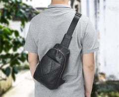 Black Leather Men's 8-inch One shoulder Backpack Sling Bag Black Chest Bag Sports Bag For Men - iwalletsmen
