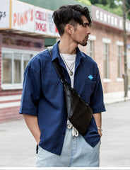 Badass Black Leather Men's Sling Bag Chest Bag Black One shoulder Backpack Bundy Bag For Men - iwalletsmen