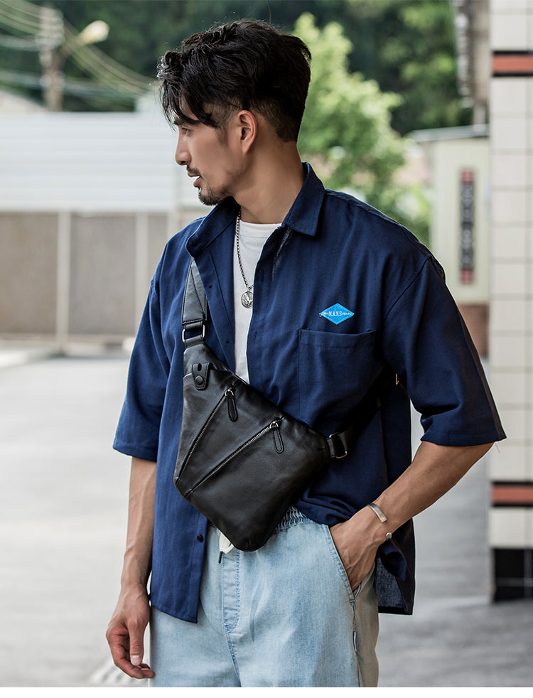 Badass Black Leather Men s Sling Bag Chest Bag Black One shoulder