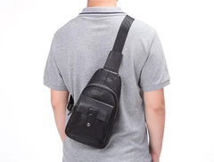 Black Mens Leather Sling Bag Chest Bag One shoulder Black Backpack Sports Bag For Men - iwalletsmen