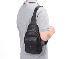 Black Mens Leather Sling Bag Chest Bag One shoulder Black Backpack Sports Bag For Men - iwalletsmen