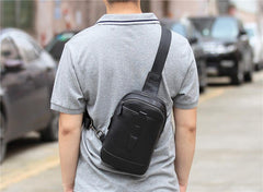 Badass Black Leather Men's 8-inch Trendy Sling Bag Chest Bag One shoulder Backpack Sports Bag For Men - iwalletsmen