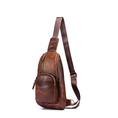 Badass Brown Leather Men's Sling Bag Chest Bag Vintage 8-inches One shoulder Backpack For Men - iwalletsmen