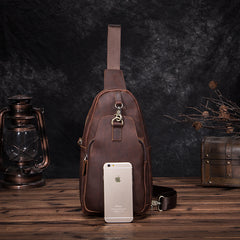 Badass Brown Leather Men's Sling Bag Chest Bag Vintage One shoulder Backpack For Men - iwalletsmen