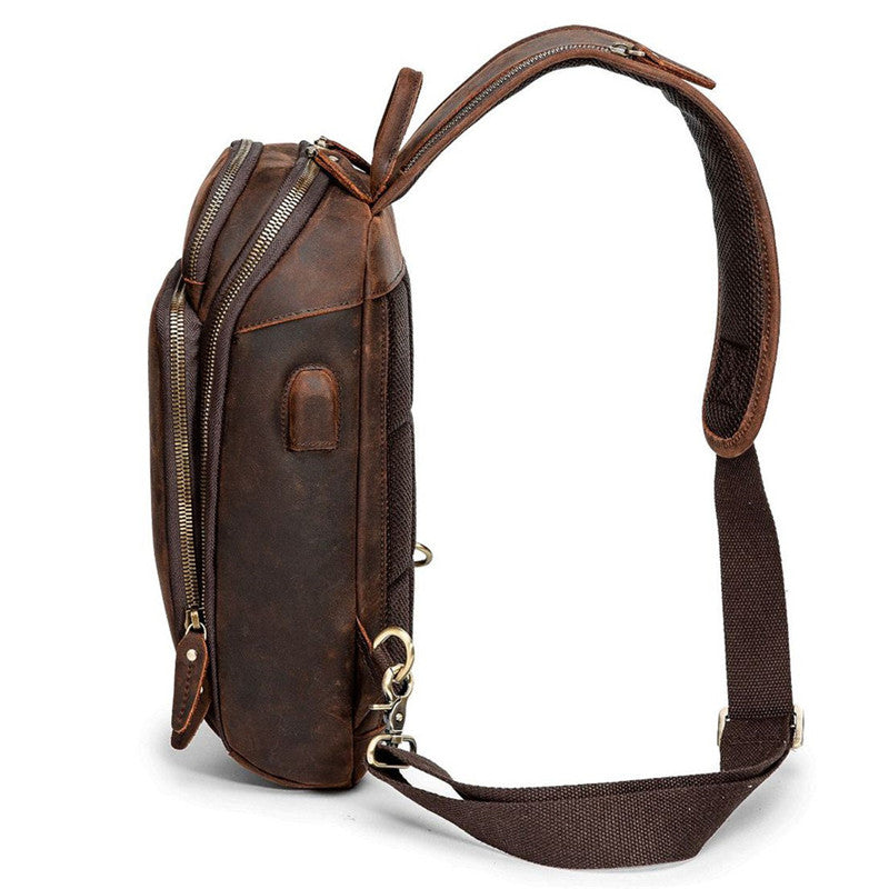 Badass Dark Brown Leather Men's Sling Bag Chest Bag Vintage One