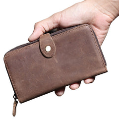 Vintage Brown Leather Men's Bifold Long Wallet Cool Zipper Long Wallet Clutch For Men - iwalletsmen