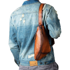 travel sling bags​ Best Brown  Leather Men's Sling Bags Chest Bag Cool Streamline Sling Backpack For Men 