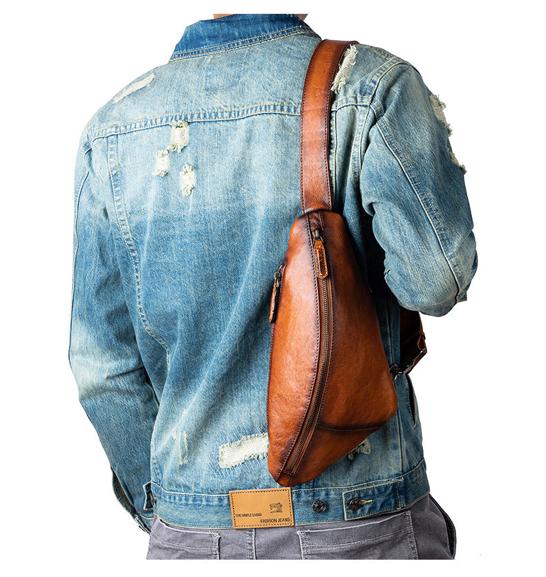 best leather sling backpack Best Black Leather Men's Sling Bags Chest Bag Cool Streamline Sling Ba – iwalletsmen