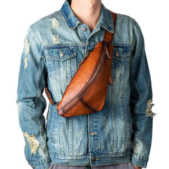 mens sling bags​ Best Brown  Leather Men's Sling Bags Chest Bag Cool Streamline Sling Backpack For Men 