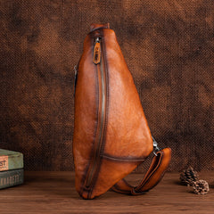 cross body sling bag​ Best Brown  Leather Men's Sling Bags Chest Bag Cool Streamline Sling Backpack For Men 