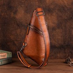 mens sling travel bag​ Best Brown Leather Men's Sling Bag Chest Bag Cool Streamline Sling Backpack For Men 