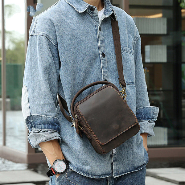 Best Coffee Leather Men's Vertical Handbag Side Bag iPad Mini Vertical Messenger Bag For Men