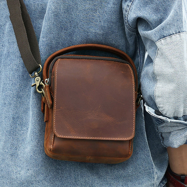 Best Brown Leather Men's Vertical Handbag Side Bag iPad Mini Vertical Messenger Bag For Men