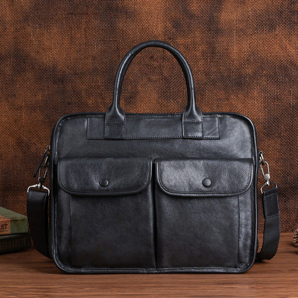 Best Black Leather Mens Briefcase Black Work Handbag 13 inches Laptop Business Bag For Men
