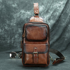 Best Brown LEATHER MENS Sling Bag Top Chest Bag Vintage One Shoulder Backpack For Men