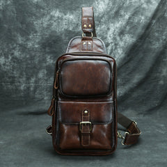 Best Brown LEATHER MENS Sling Bag Top Chest Bag Vintage One Shoulder Backpack For Men