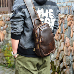 Coffee Leather Mens Sling Bag Chest Bag - Back View - iwalletsmen