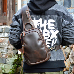 Coffee Leather Mens Sling Bag Chest Bag - Front View - iwalletsmen
