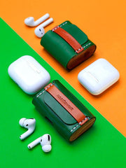 Best Green Leather AirPods Pro Case with Wristlet Strap Custom Leather Wood AirPods Pro Case Airpod Case Cover - iwalletsmen