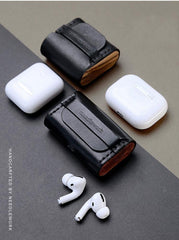Best Blue Leather AirPods Pro Case with Wristlet Strap Custom Leather Wood AirPods Pro Case Airpod Case Cover - iwalletsmen
