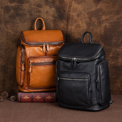 Best Black Leather Mens Satchel Backpack Barrel 15'' Laptop Rucksack Vintage School Backpack For Men