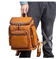 Best Black Leather Mens Satchel Backpack Barrel 15'' Laptop Rucksack Vintage School Backpack For Men