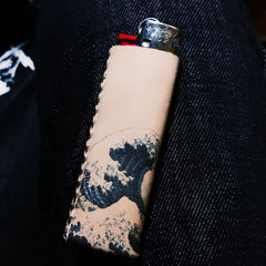 Bic Leather Lighter Case The Great Wave of Kanagawa Leather Bic Lighter Holder Leather Bic Lighter Covers For Men - iwalletsmen