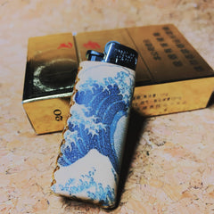 Bic Leather Lighter Case The Great Wave of Kanagawa Leather Bic Lighter Holder Leather Bic Lighter Covers For Men - iwalletsmen