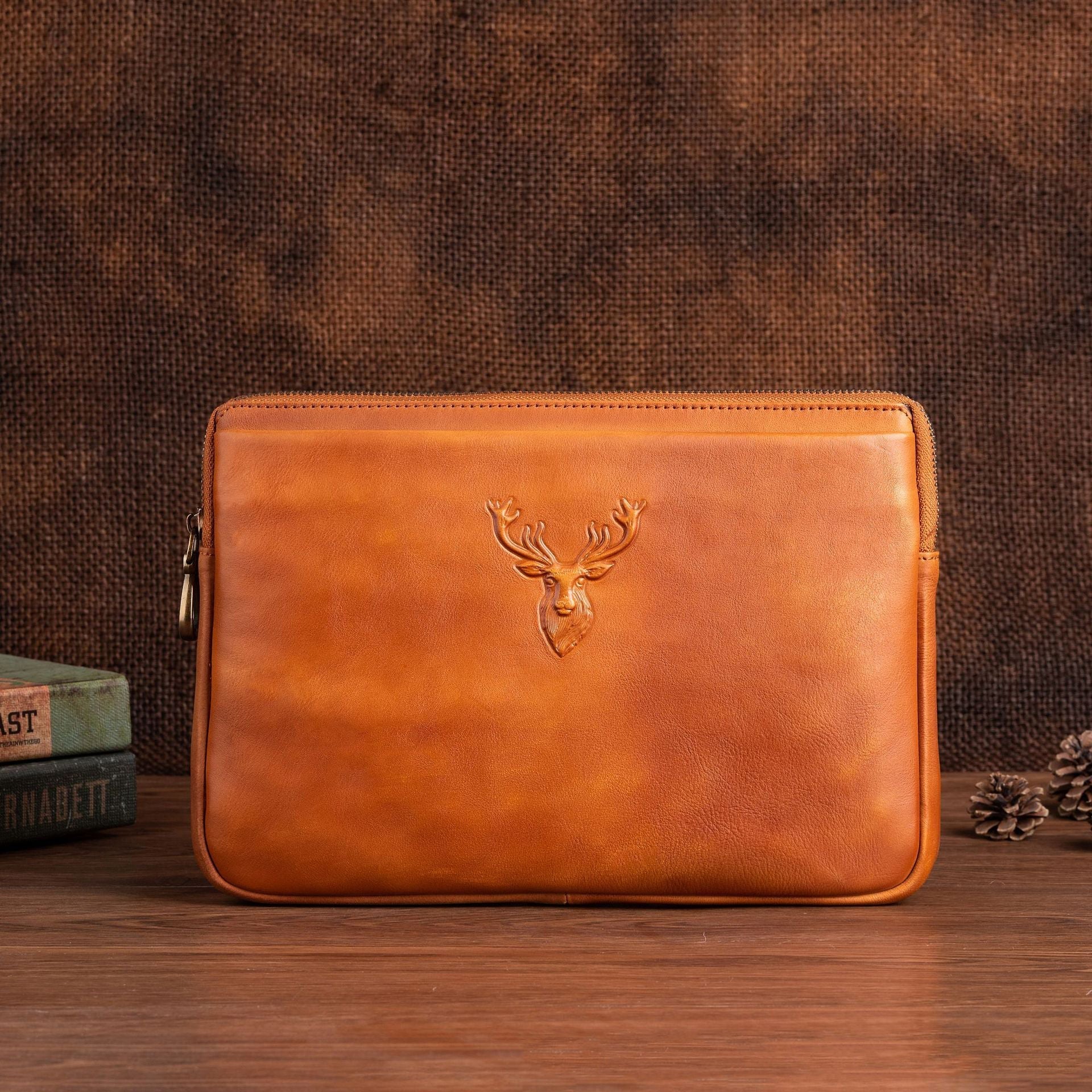 Tan Mens Leather Clutch Reindeer Wristlet Wallets Zipper Wallet Clutch for Men