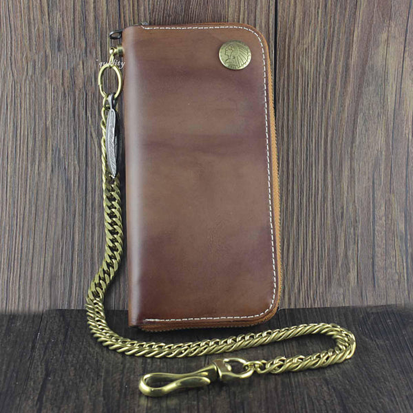 Badass Coffee Leather Men's Long Wallet with Chain Biker Chain Wallet Chain Wallet For Men - iwalletsmen