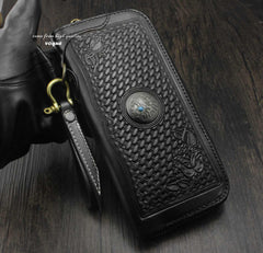 Black Tooled Leather Men's Zipper Long Wallet Biker Wallet Biker Chain Wallet For Men - iwalletsmen