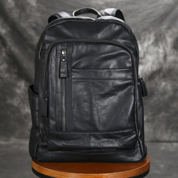 Black 15'' Leather Mens Backpack Laptop Rucksack Vintage School Backpack For Men