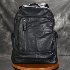 Black 15'' Leather Mens Backpack Laptop Rucksack Vintage School Backpack For Men