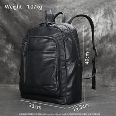 Black 15'' Leather Mens Backpack Laptop Rucksack Vintage School Backpack For Men