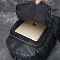 Black 15'' Leather Mens Backpack Laptop Rucksack Vintage School Backpack For Men