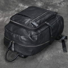 Black 15'' Leather Mens Backpack Laptop Rucksack Vintage School Backpack For Men