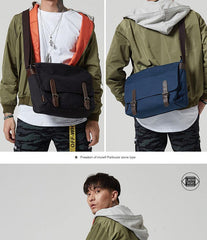 Black Canvas Leather Mens School Bag Messenger Bags Navy Blue Canvas Courier Bag for Men - iwalletsmen