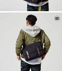 Black Canvas Leather Mens School Bag Messenger Bags Navy Blue Canvas Courier Bag for Men - iwalletsmen
