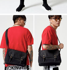 Black Canvas Leather Mens Side Bags Messenger Bags Dark Coffee Canvas Courier Bag for Men - iwalletsmen