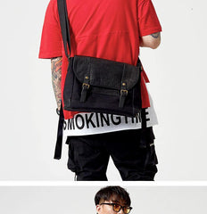 Black Canvas Leather Mens Side Bags Messenger Bags Dark Coffee Canvas Courier Bag for Men - iwalletsmen
