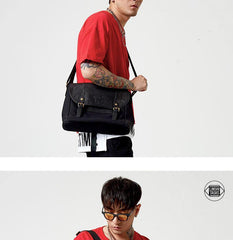 Black Canvas Leather Mens Side Bags Messenger Bags Dark Coffee Canvas Courier Bag for Men - iwalletsmen