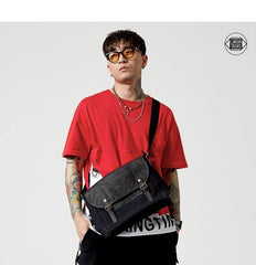 Black Canvas Leather Mens Side Bags Messenger Bags Dark Coffee Canvas Courier Bag for Men - iwalletsmen