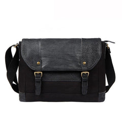 Black Canvas Leather Mens Side Bags Messenger Bags Dark Coffee Canvas Courier Bag for Men - iwalletsmen