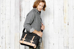 Black Canvas Leather Mens Side Bag Messenger Bags Navy Blue Canvas Courier Bags for Men - iwalletsmen